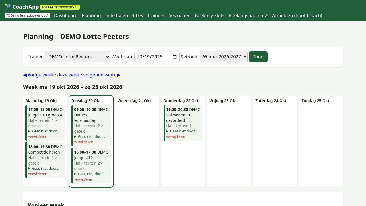 Weekplanning in AllTennisDrills Coach